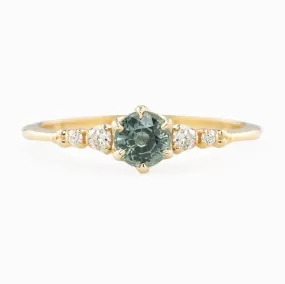 Estel Fleur Ring 4.7mm 0.55ct Blue Green Round Unheated Sapphire, 14k Yellow Gold