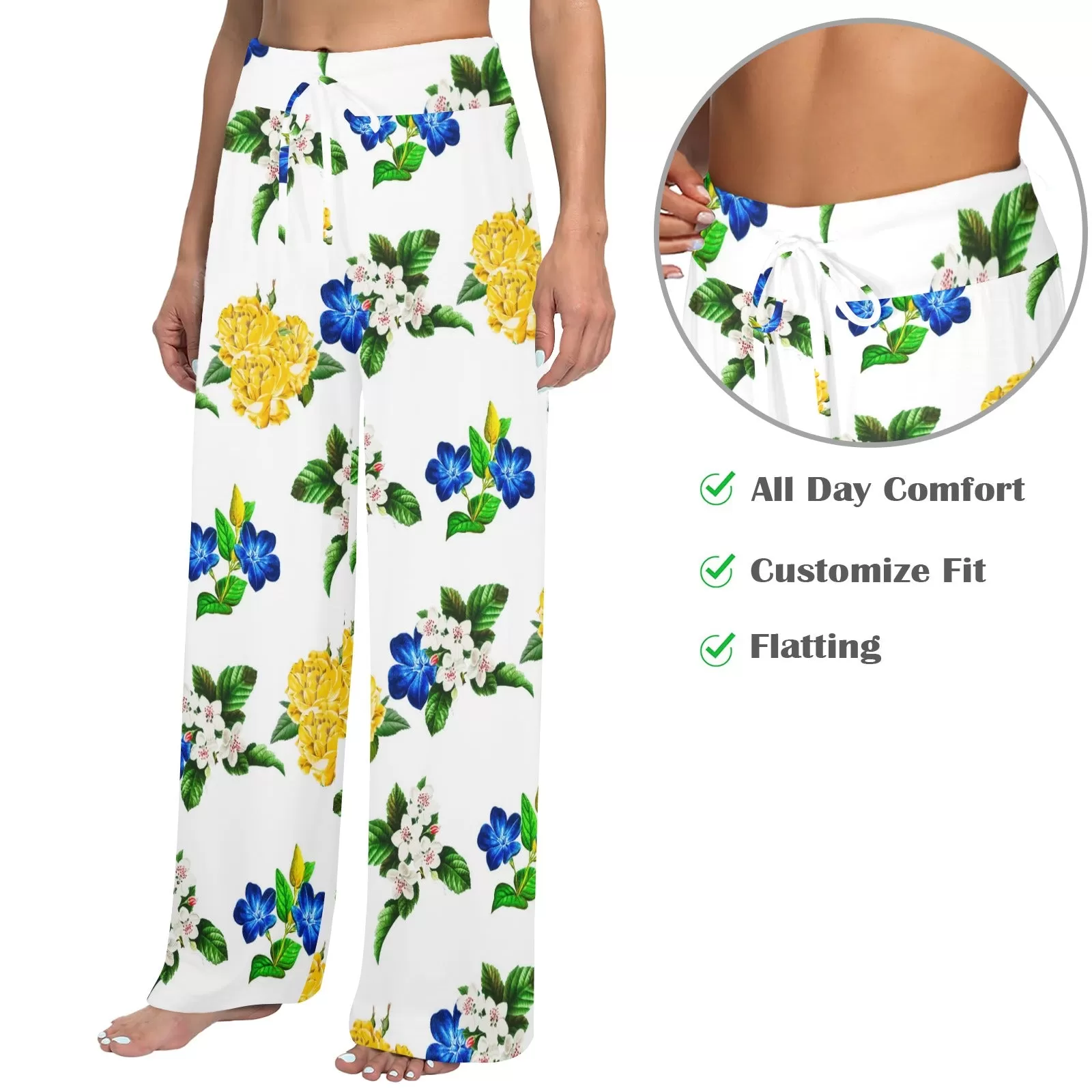 floral blue gold white print 4 Women's Wide Leg Lounge Pants (Model L77)