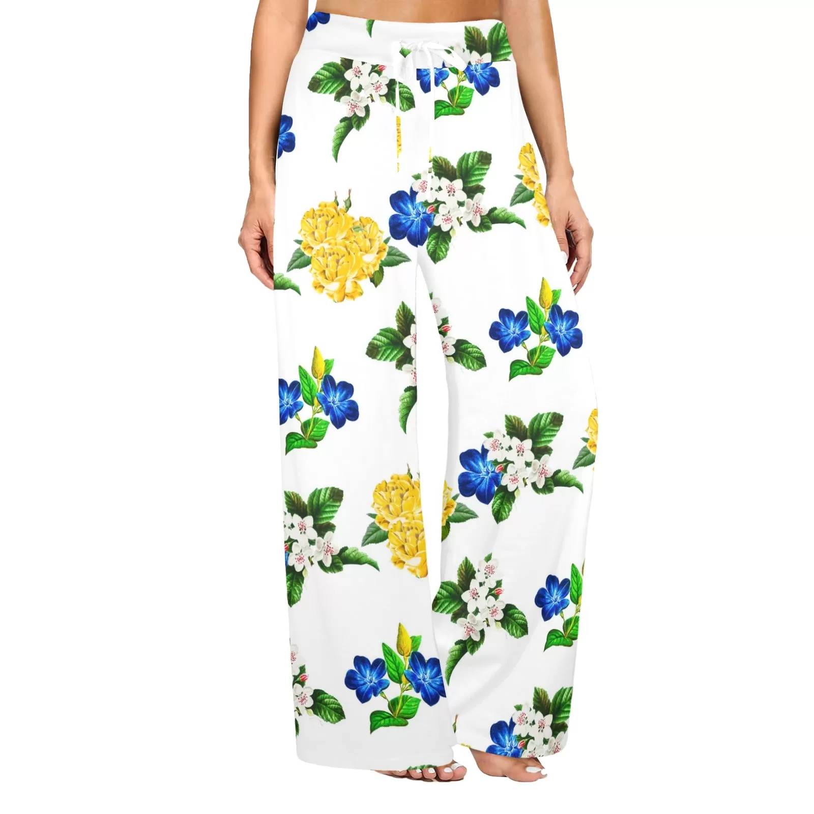 floral blue gold white print 4 Women's Wide Leg Lounge Pants (Model L77)