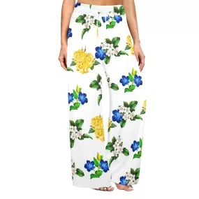 floral blue gold white print 4 Women's Wide Leg Lounge Pants (Model L77)