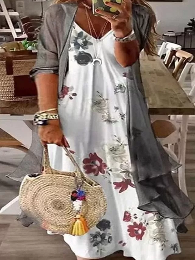 Floral V-Neck Print Two-Piece Plus Size Maxi Dress