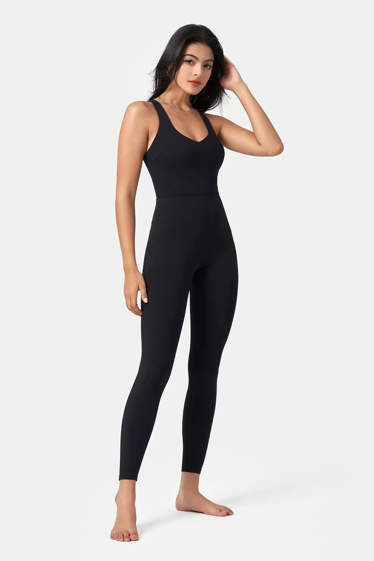 Form-Fitting Cross-Back Jumpsuit with Full-Length Pants