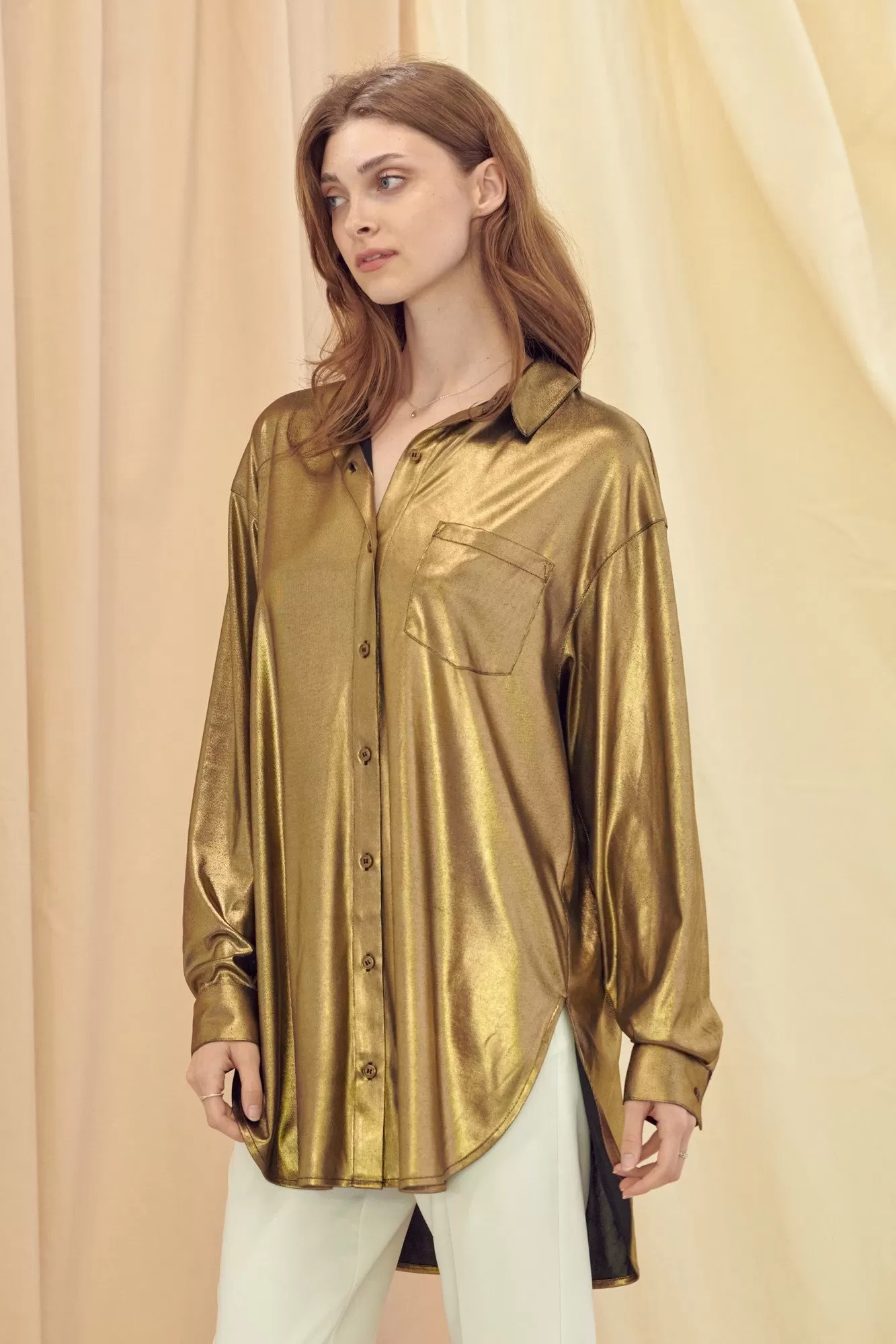 Gold Button Up Stretch Top