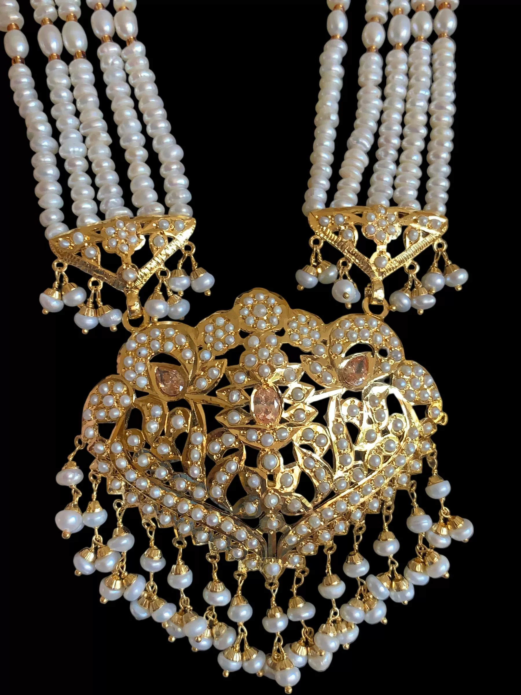 Gold plated silver rani haar in fresh water pearls ( READY TO SHIP)