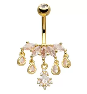 Gold PVD Beaded Chaplet Dangle Clear CZ Cluster Belly Button Ring