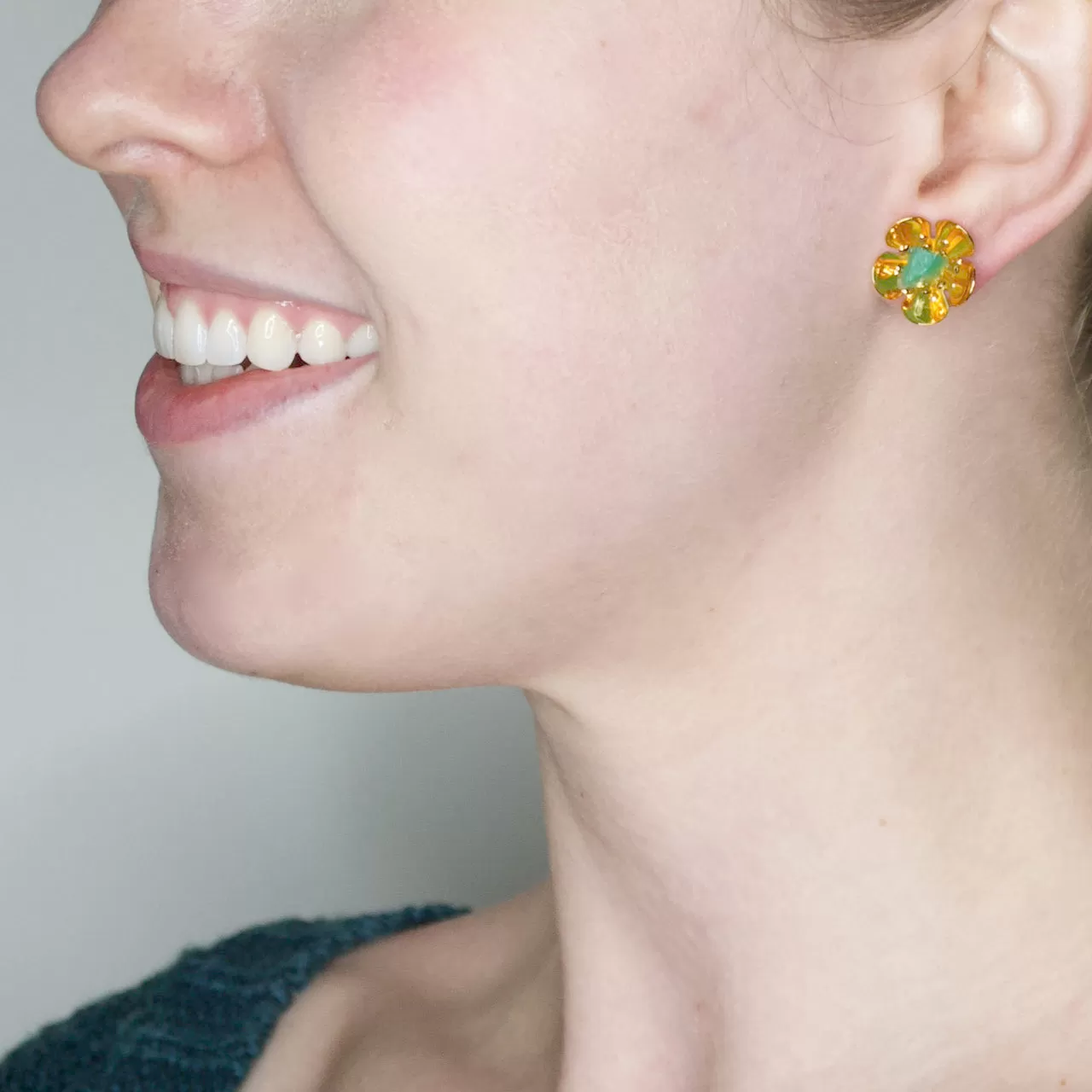 Golden Flower Post Earrings with Raw Colombian Emeralds