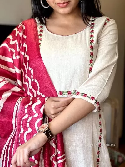 Handloom Khaadi Cream Pink Cotton Embroidery Suit