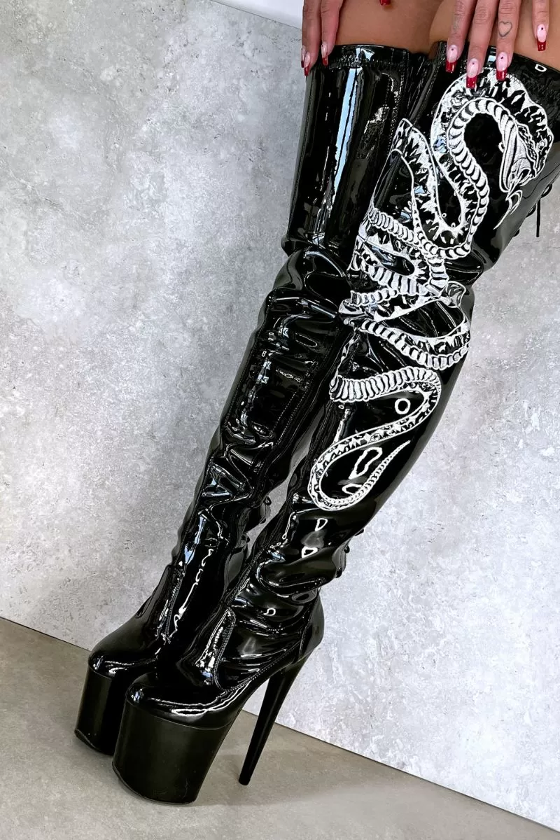 Hella Heels Thicc Thigh High 8inch Boots - Black/White Snake