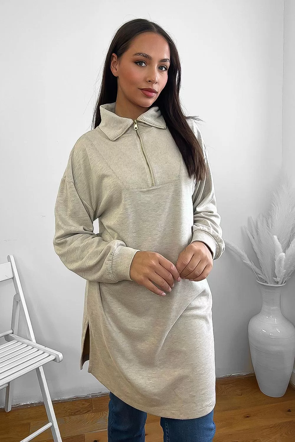 High Zipped Neck Longline Thin Pullover