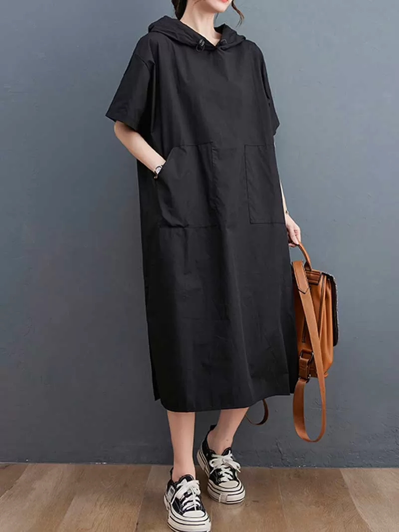 Hooded Plain Double Side Pocket Mid Dress