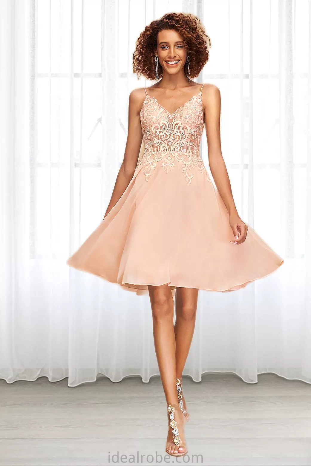 Jazlynn A-line V-Neck Knee-Length Chiffon Lace Homecoming Dress STKP0020527