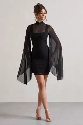 Jenny | Black Mesh High-Neck Cape-Sleeve Mini Dress