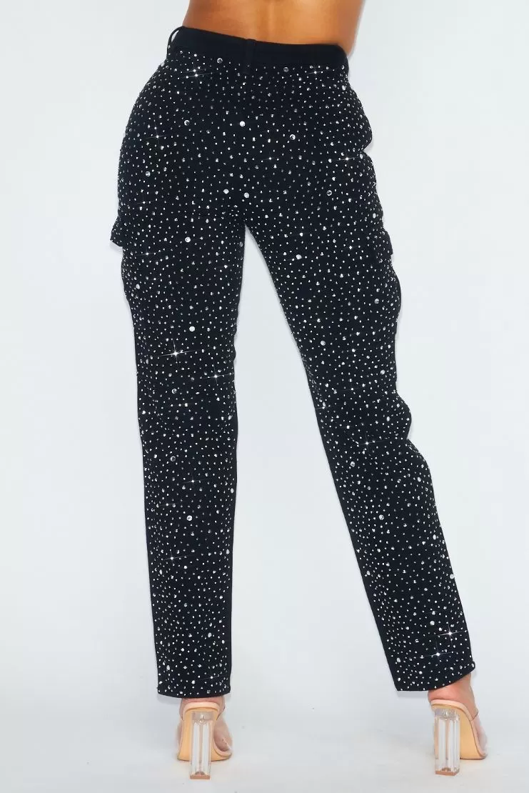 Jenny Rhinestone Denim Cargo Pants - Black