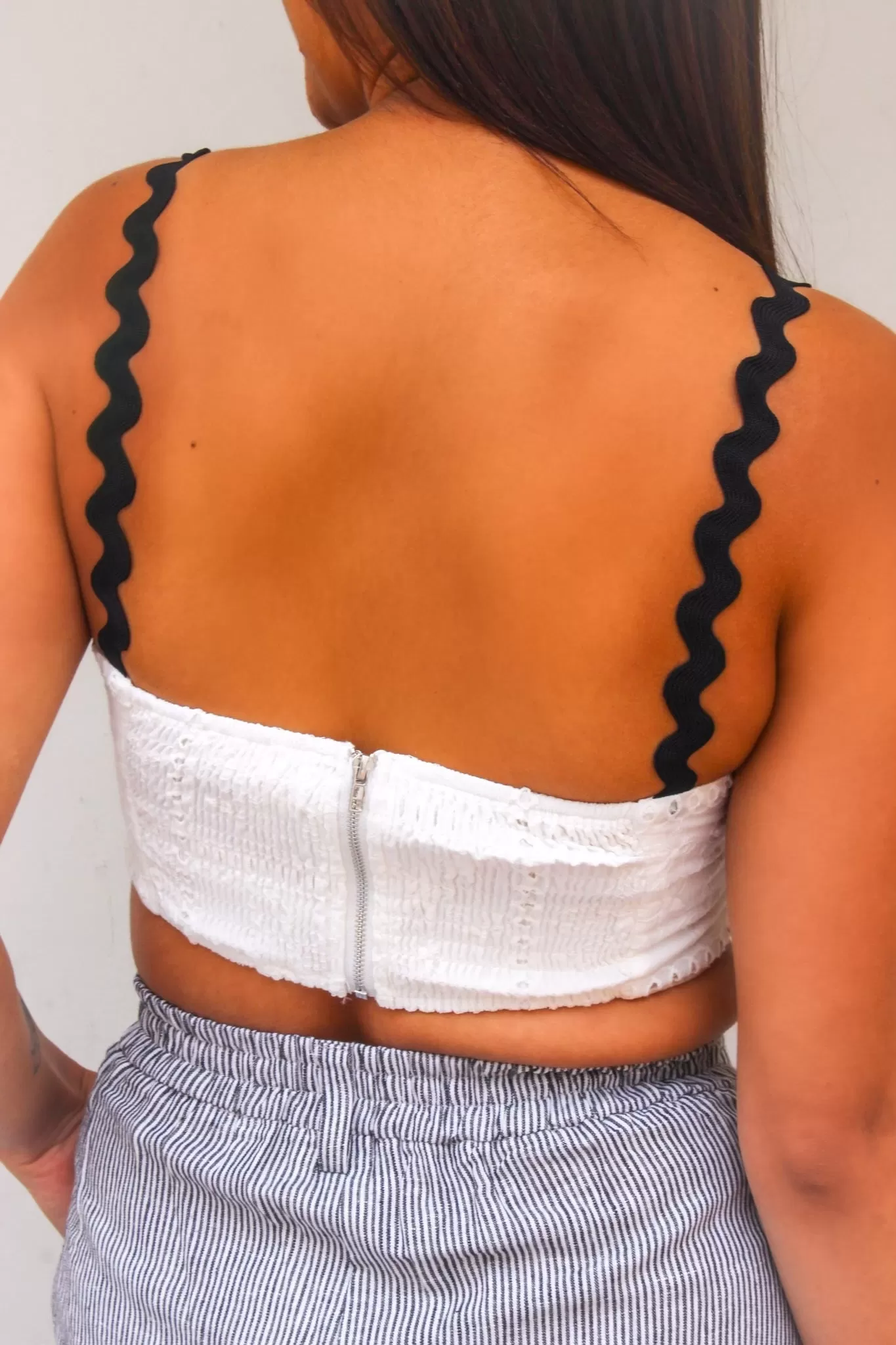 Jolene Eyelet Cropped Tank Top-White/Black