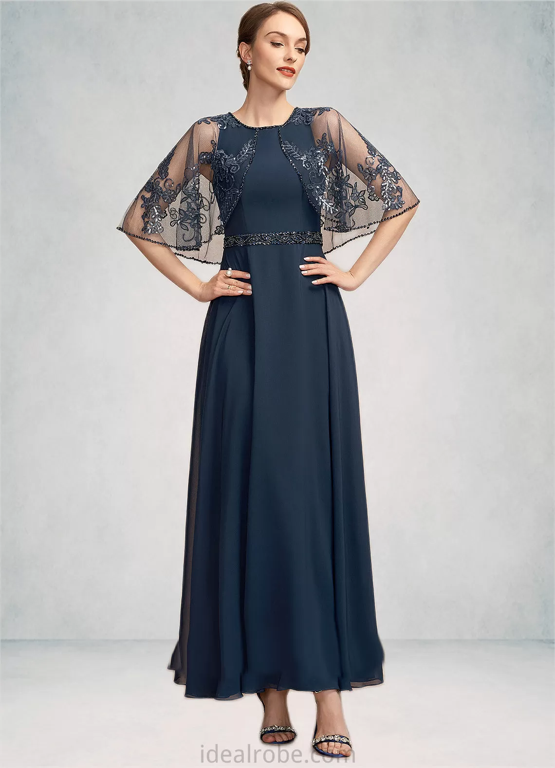 Katrina A-Line Scoop Neck Ankle-Length Chiffon Lace Mother of the Bride Dress With Beading Sequins STK126P0014892