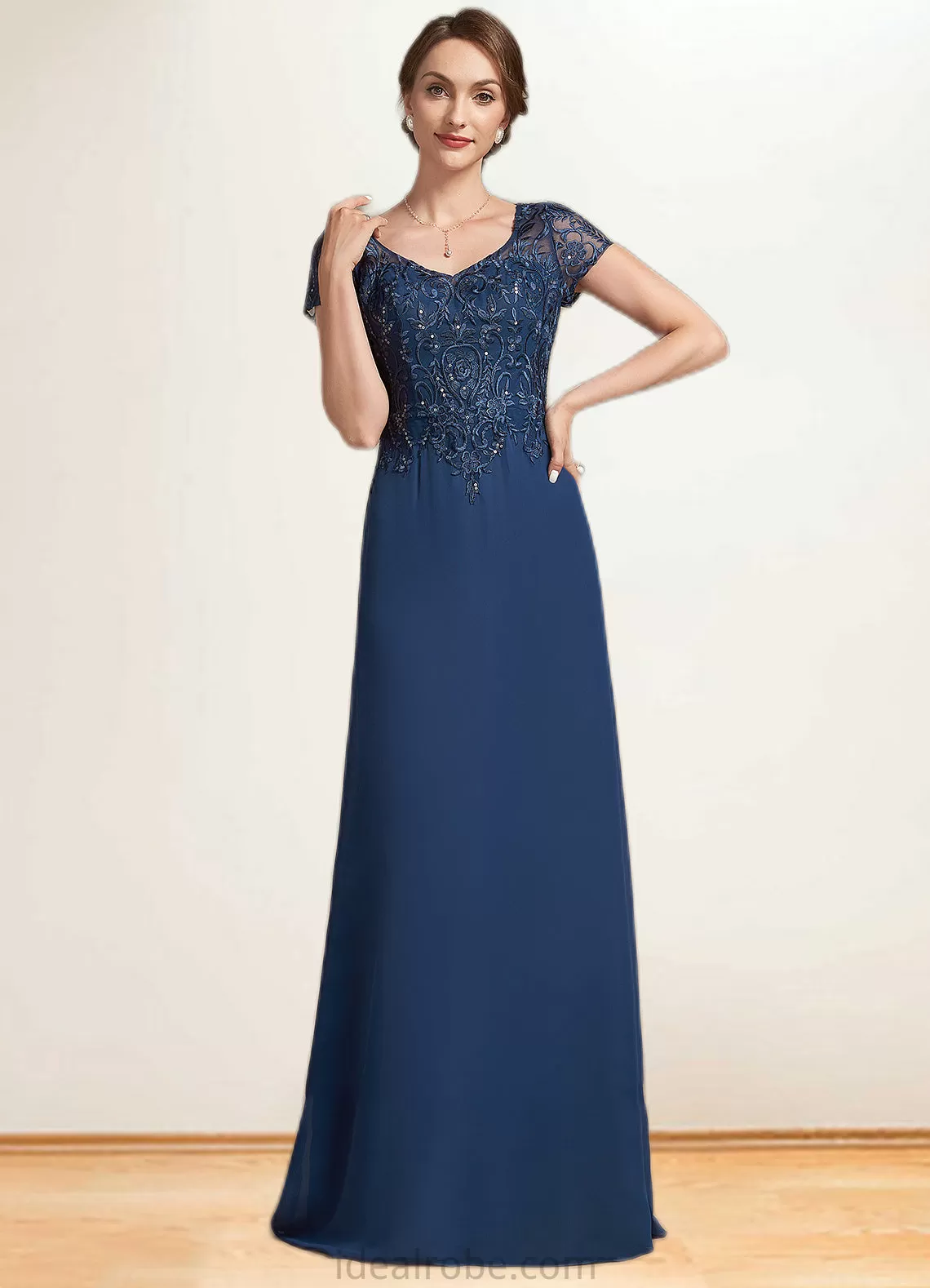 Kit A-Line V-neck Floor-Length Chiffon Lace Mother of the Bride Dress With Sequins STK126P0014938