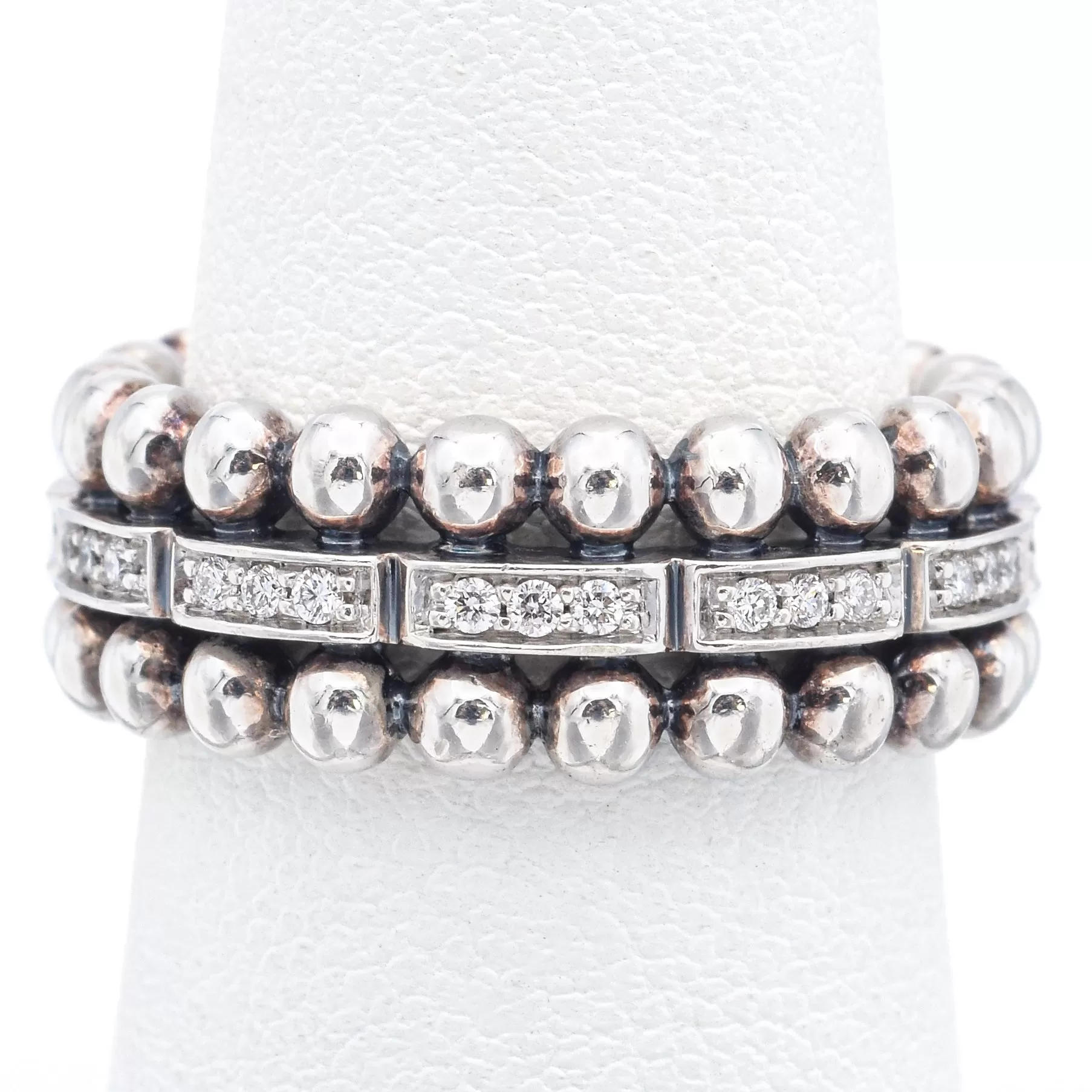 LAGOS Caviar Beaded Sterling Silver Diamond Band Ring Size 7