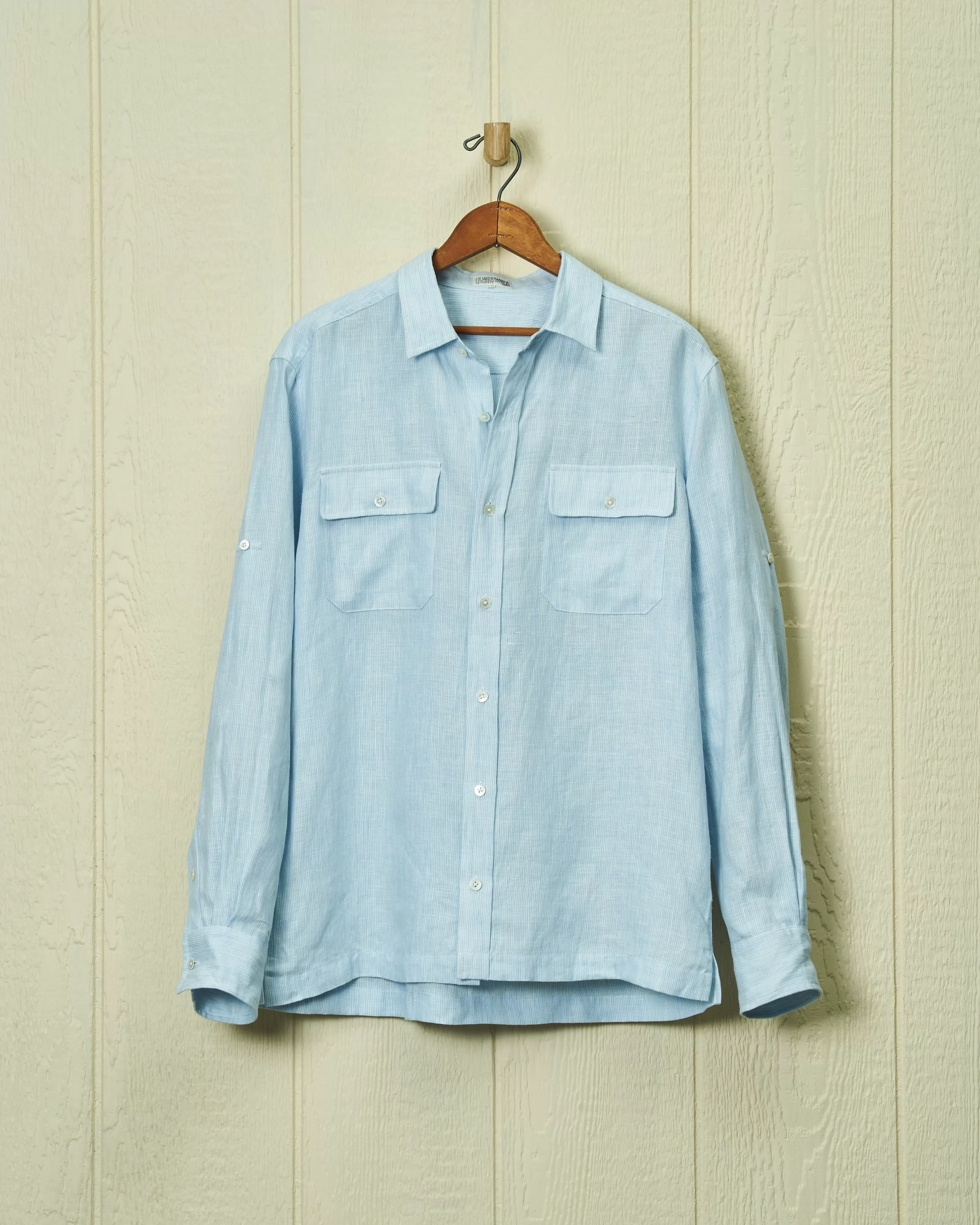 Linen Utility Shirt in Blue/White Fine Stripe