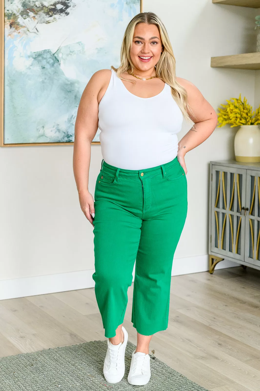 Lisa High Rise Control Top Wide Leg Crop Jeans in Kelly Green