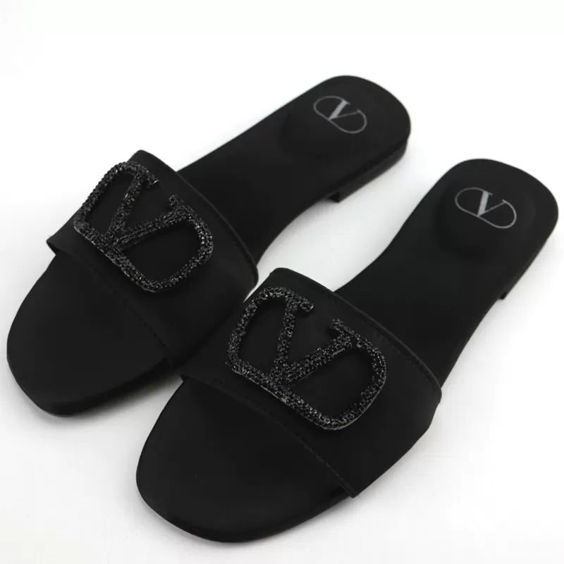 Logo Rhinestone Buckle Satin Flat Slide Sandals -1012