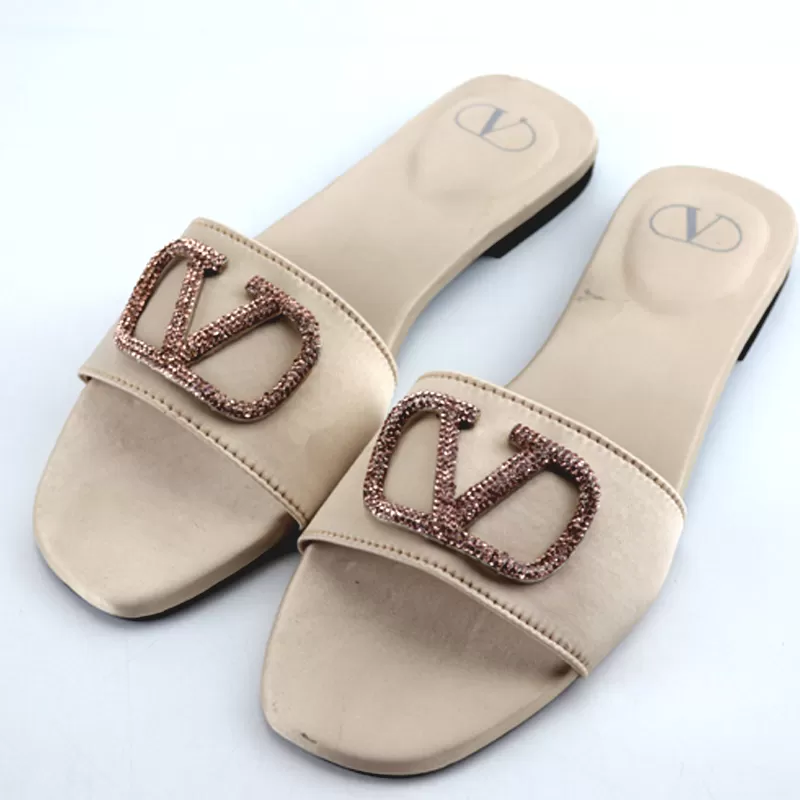 Logo Rhinestone Buckle Satin Flat Slide Sandals -1012