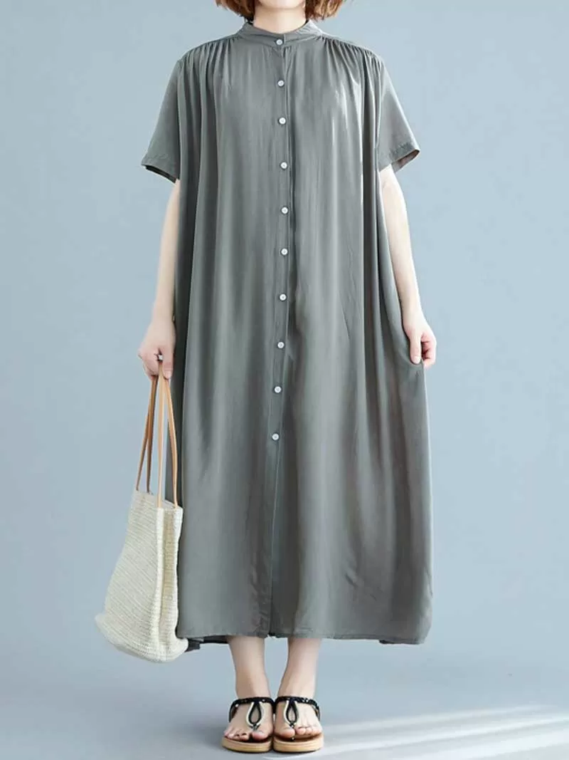 Long Cotton Front Button Cotton Shirt Dress (Navy Blue - Army Green - Brown)