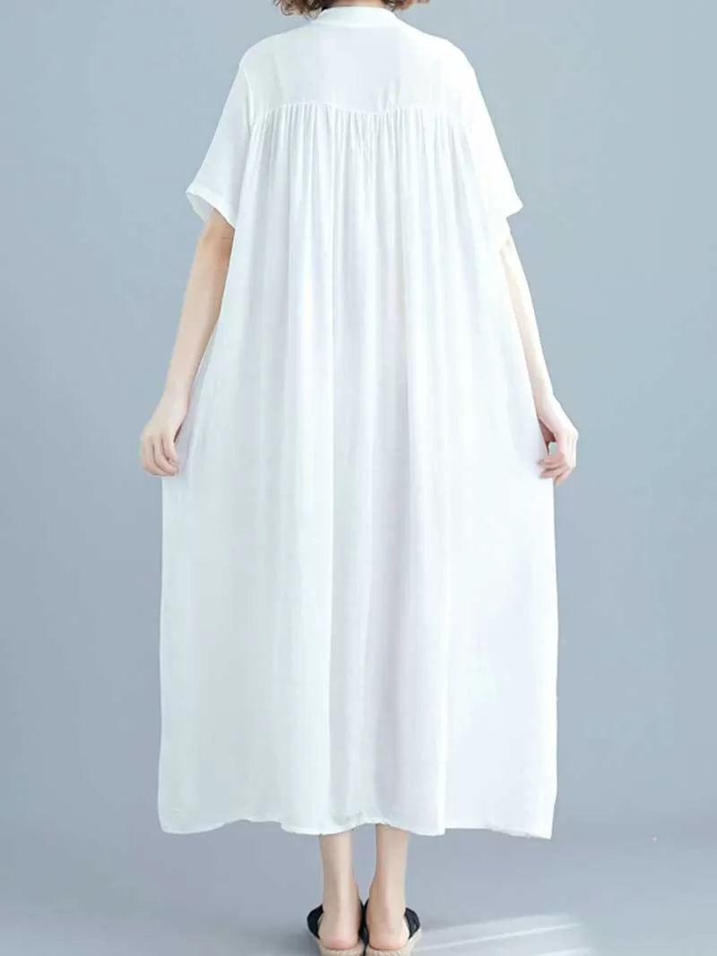 Long Cotton Front Button Cotton Shirt Dress (White - Black - Grey- Apricot)