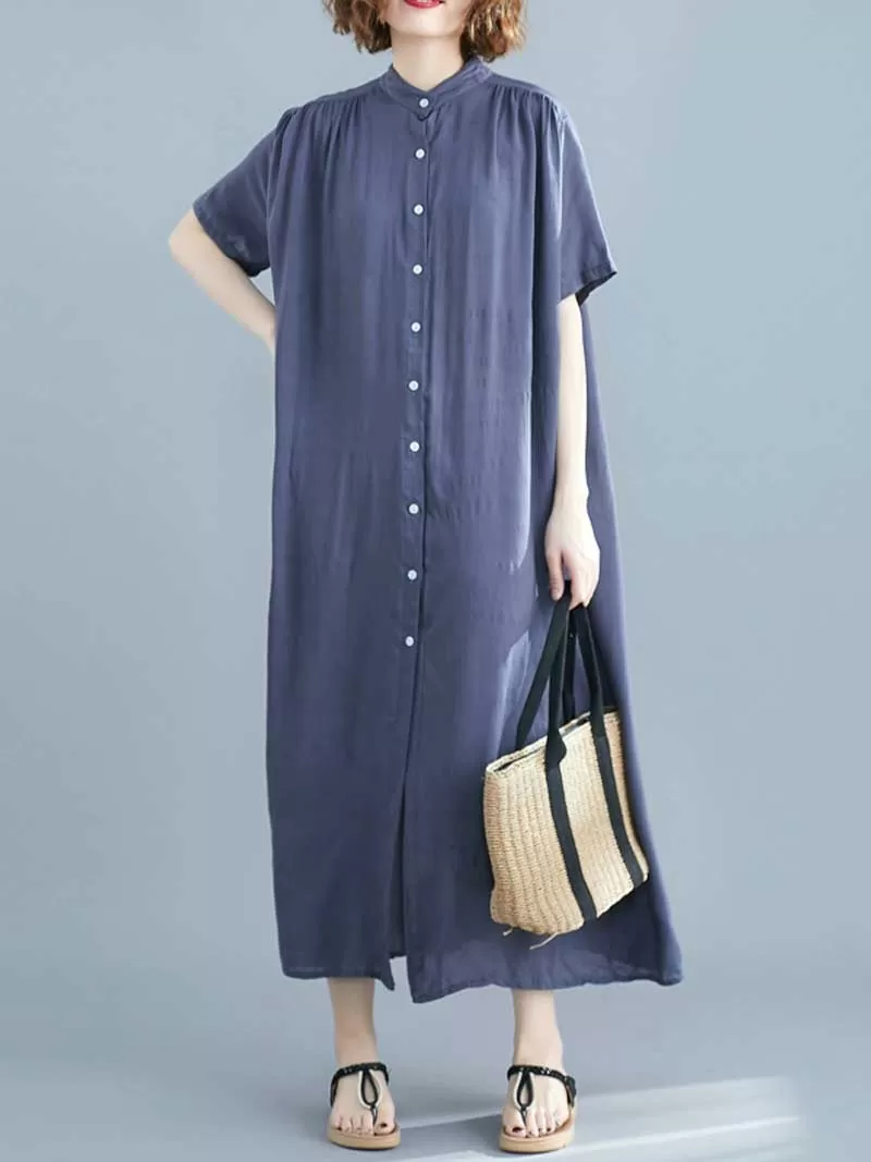 Long Cotton Front Button Cotton Shirt Dress (White - Black - Grey- Apricot)