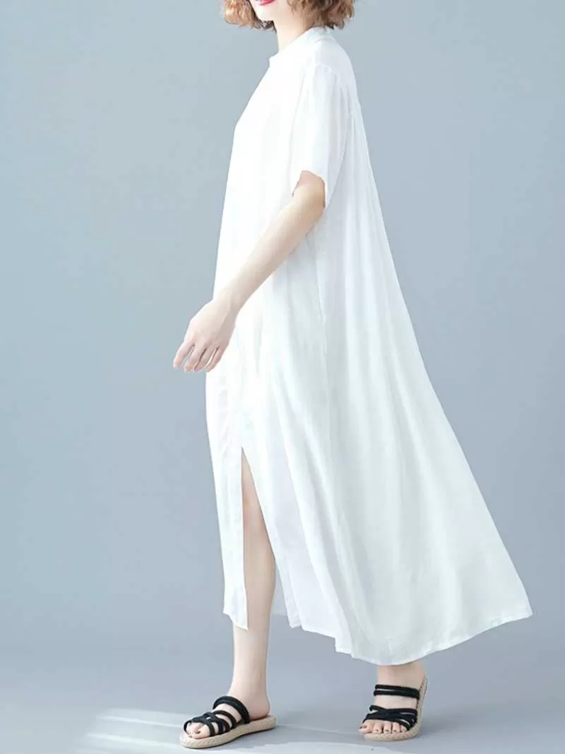 Long Cotton Front Button Cotton Shirt Dress (White - Black - Grey- Apricot)