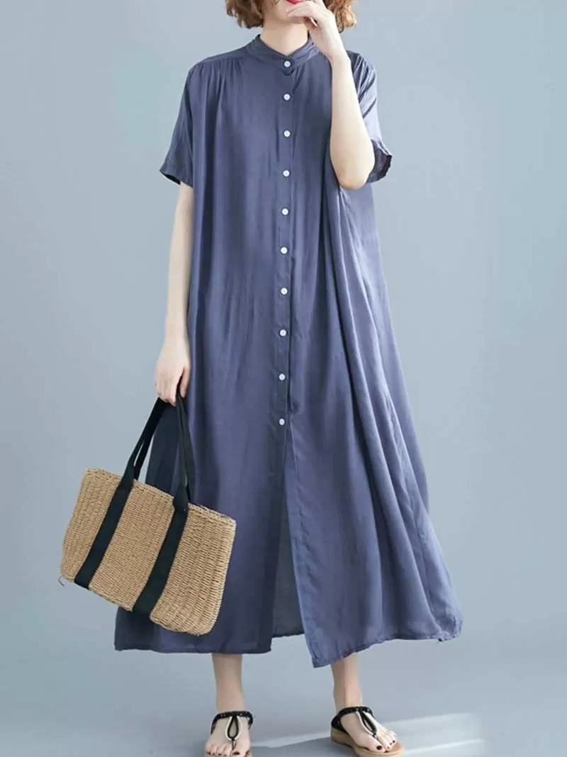 Long Cotton Front Button Cotton Shirt Dress (White - Black - Grey- Apricot)