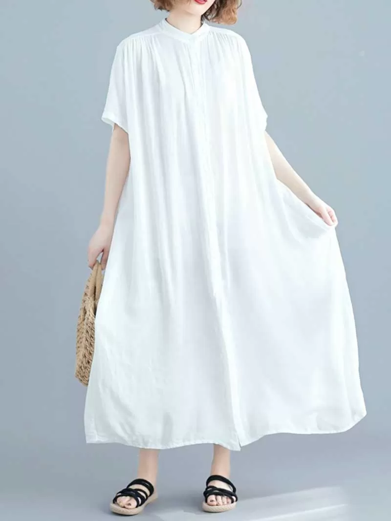 Long Cotton Front Button Cotton Shirt Dress (White - Black - Grey- Apricot)