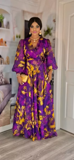 LONGSLEEVE FLOOR LENGTH MAXI DRESS(purple/Gold)