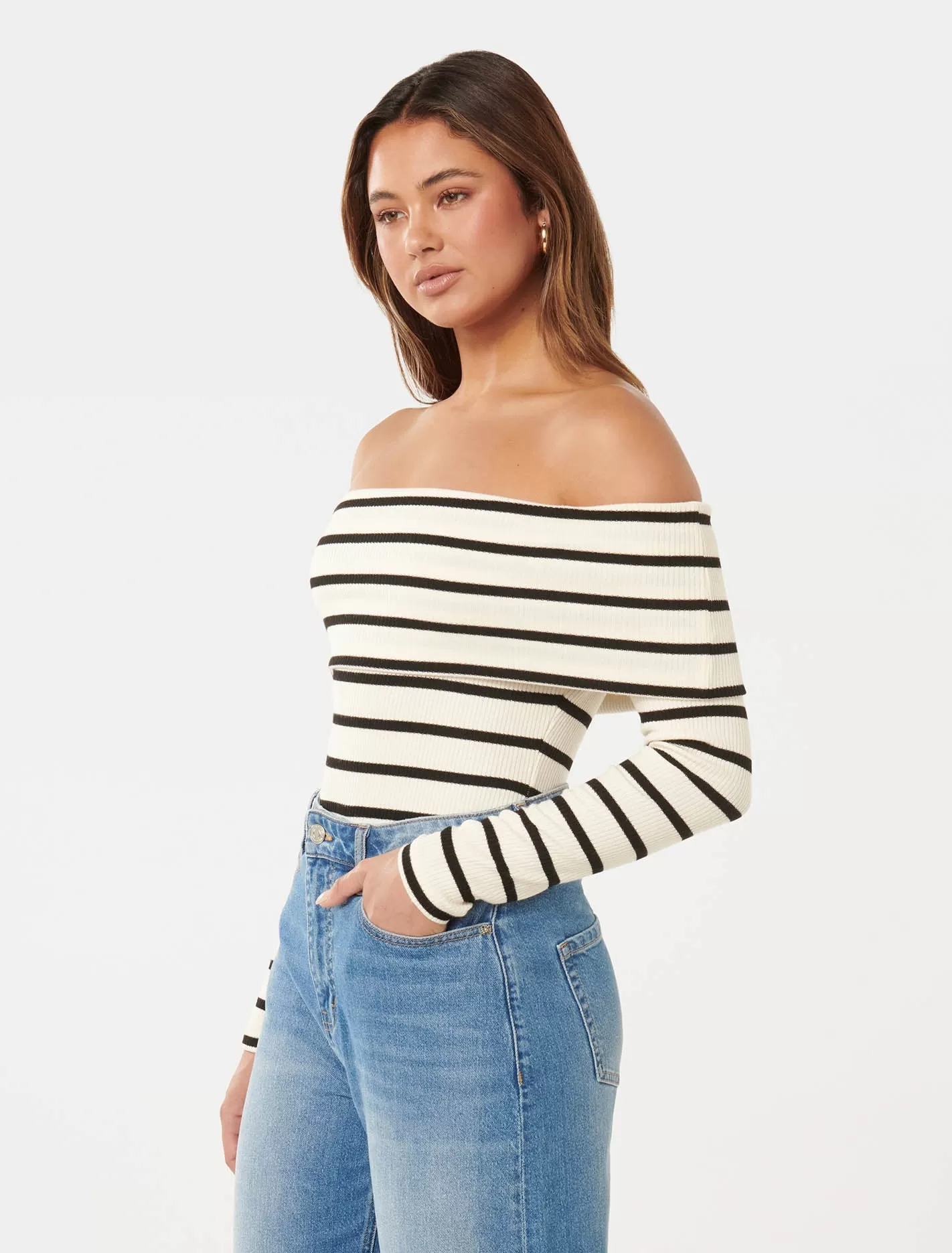 Louise Ribbed Long Sleeve Bardot Top