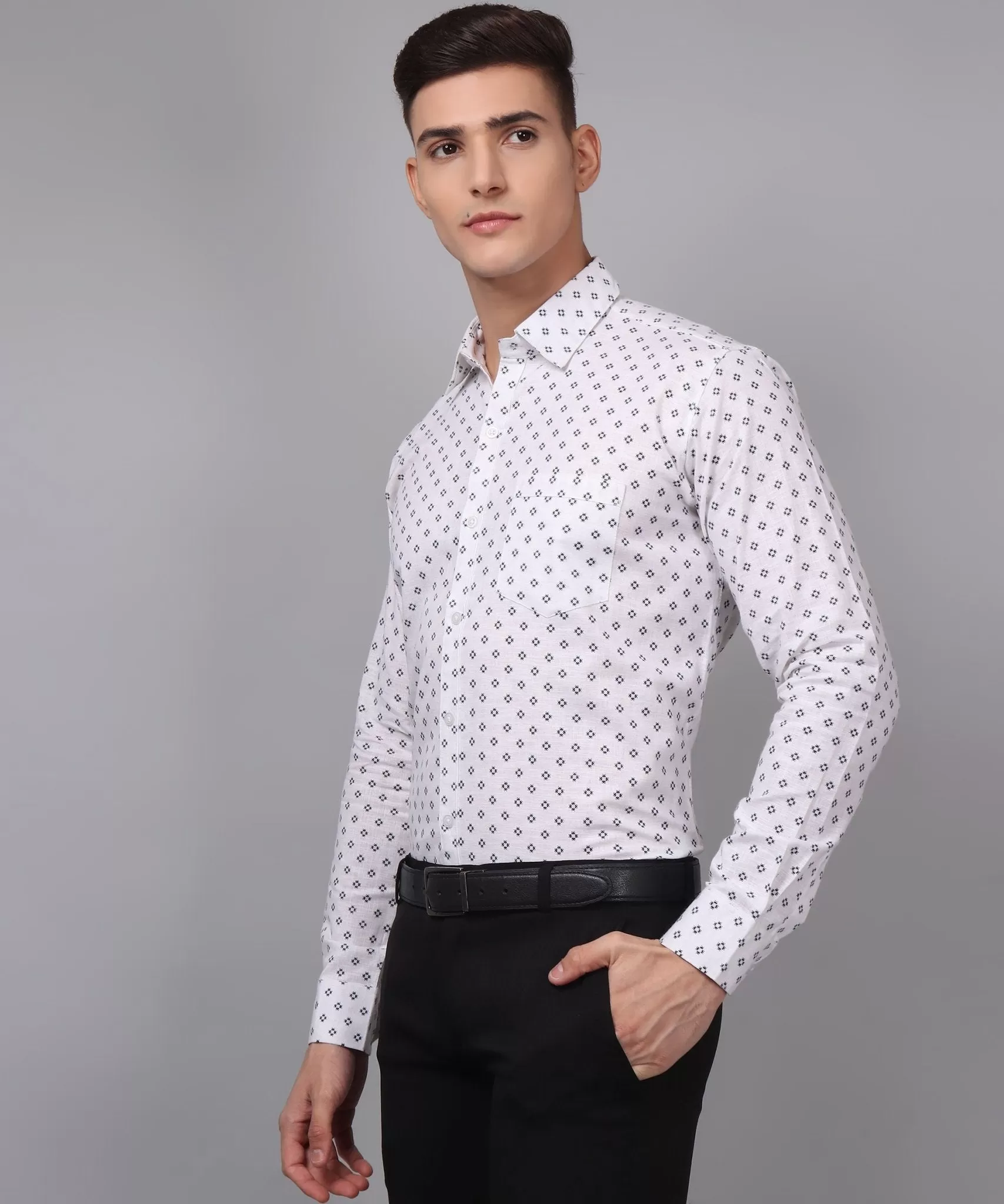 Luxe TryBuy Premium Cotton Linen White Printed Button-Up Shirt for Men