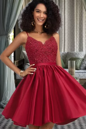 Maribel A-line V-Neck Short/Mini Lace Satin Homecoming Dress With Beading STKP0020554