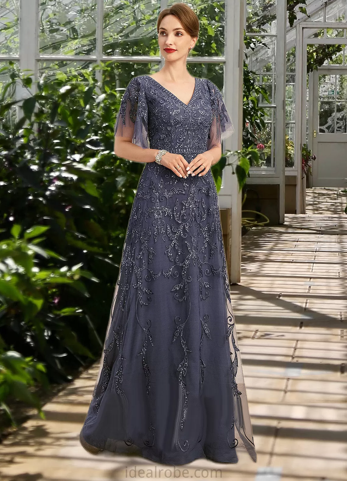 Melina A-line V-Neck Floor-Length Lace Tulle Mother of the Bride Dress With Sequins STKP0021635