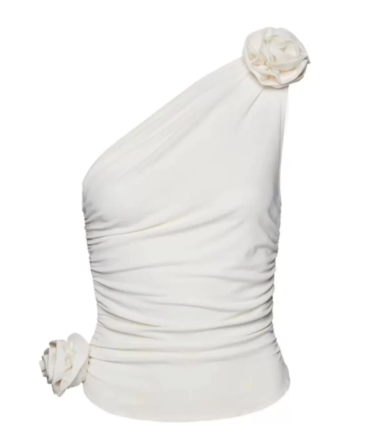 One shoulder draped flower appliqué top