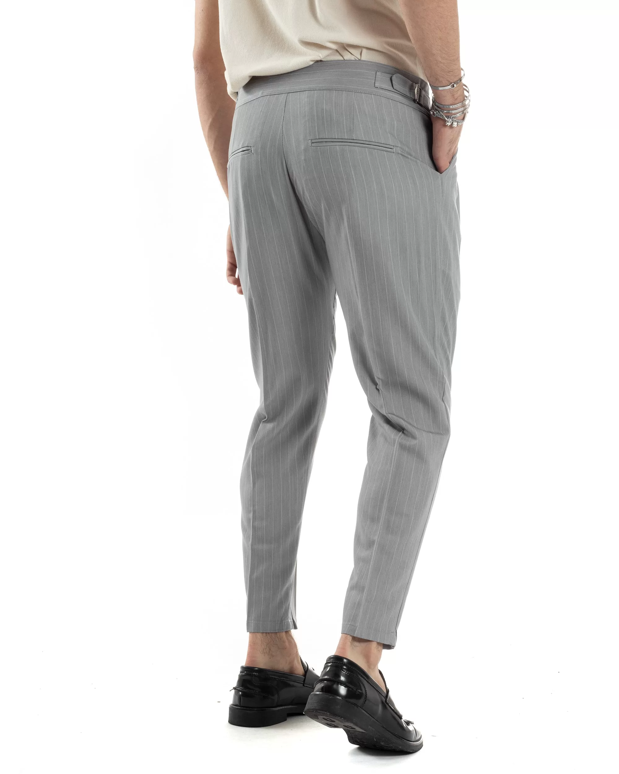 Pantaloni Uomo Classico Gessato Rigato Vita Alta Pinces Abbottonatura Allungata Fibbia Casual Grigio GIOSAL-P6088A