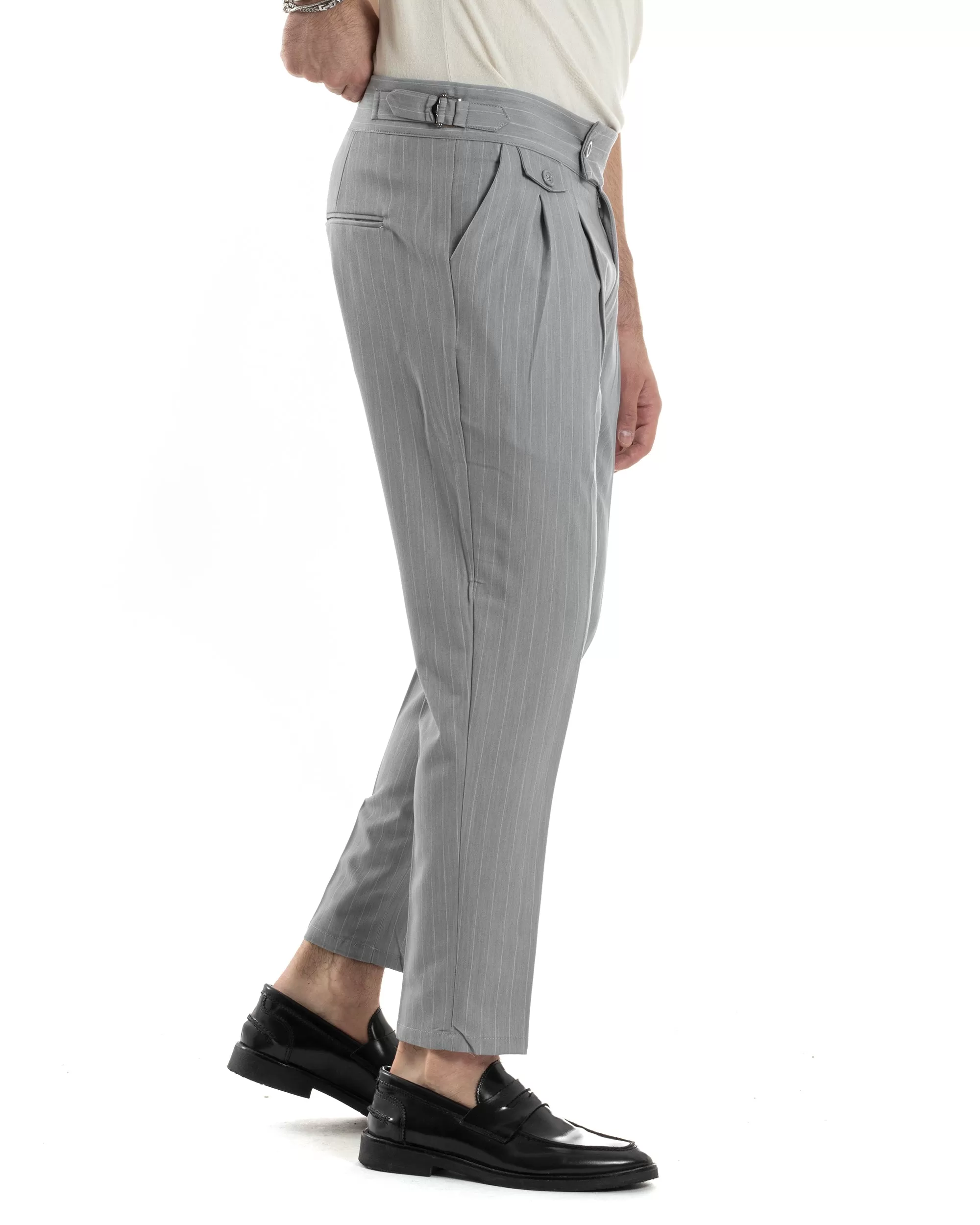 Pantaloni Uomo Classico Gessato Rigato Vita Alta Pinces Abbottonatura Allungata Fibbia Casual Grigio GIOSAL-P6088A