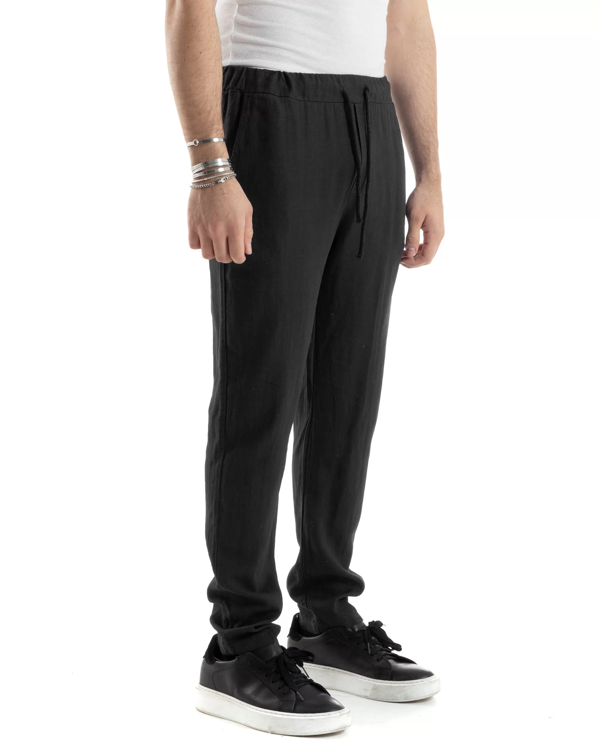 Pantaloni Uomo Lino Pantalaccio Lungo Elastico Regular Fit Tinta Unita Nero Casual GIOSAL-P6096A