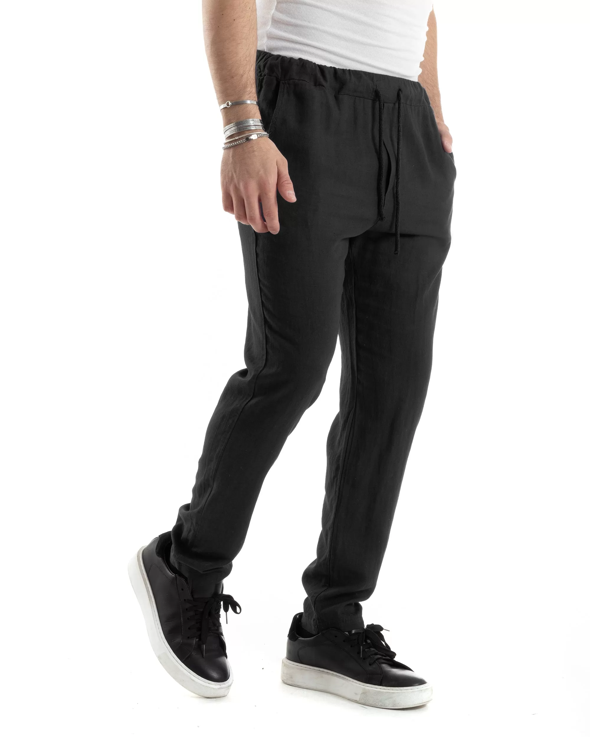 Pantaloni Uomo Lino Pantalaccio Lungo Elastico Regular Fit Tinta Unita Nero Casual GIOSAL-P6096A