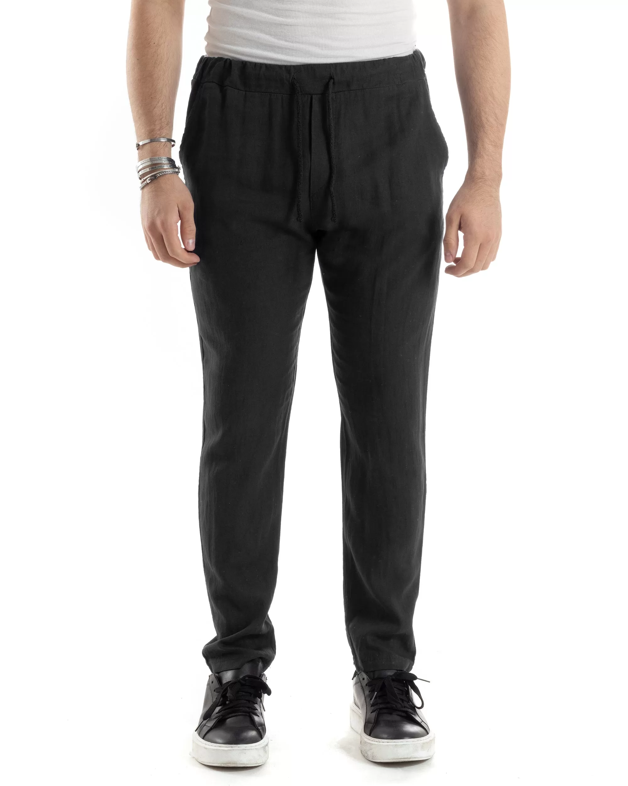 Pantaloni Uomo Lino Pantalaccio Lungo Elastico Regular Fit Tinta Unita Nero Casual GIOSAL-P6096A