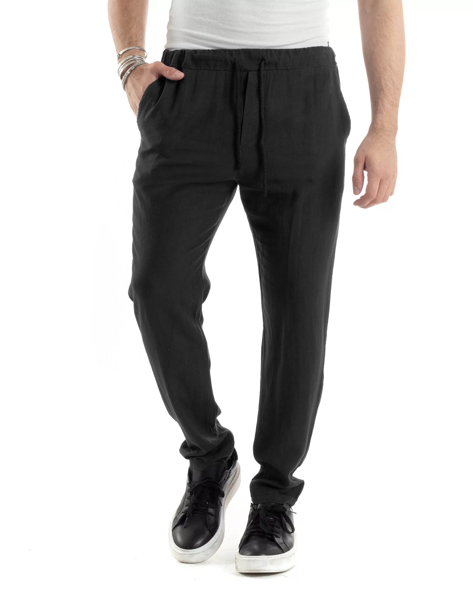 Pantaloni Uomo Lino Pantalaccio Lungo Elastico Regular Fit Tinta Unita Nero Casual GIOSAL-P6096A