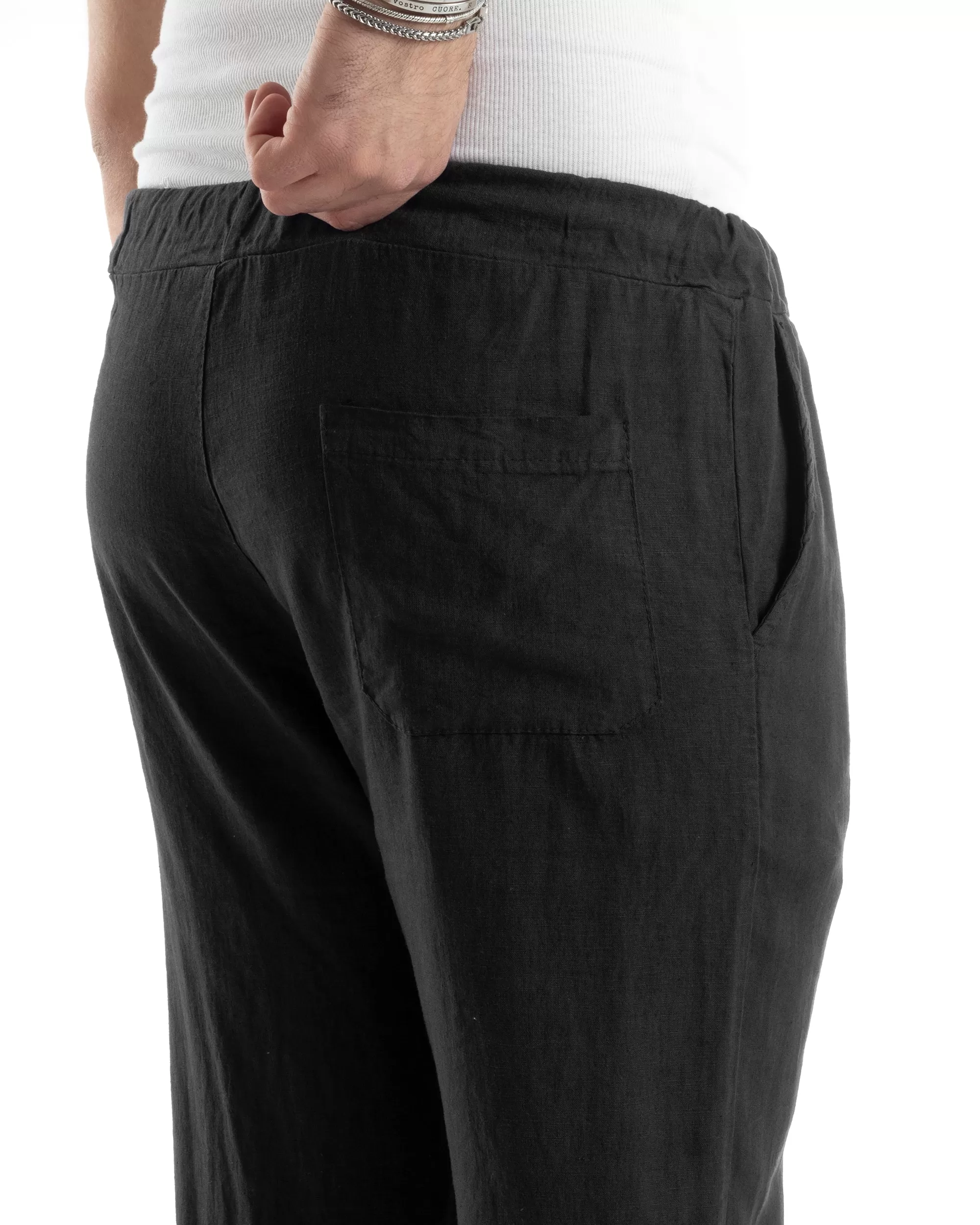 Pantaloni Uomo Lino Pantalaccio Lungo Elastico Regular Fit Tinta Unita Nero Casual GIOSAL-P6096A