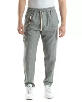 Pantaloni Uomo Pantalaccio Lino Jogger Elastico Sartoriale Casual Rigato Riga Sottile Verde GIOSAL-P6075A