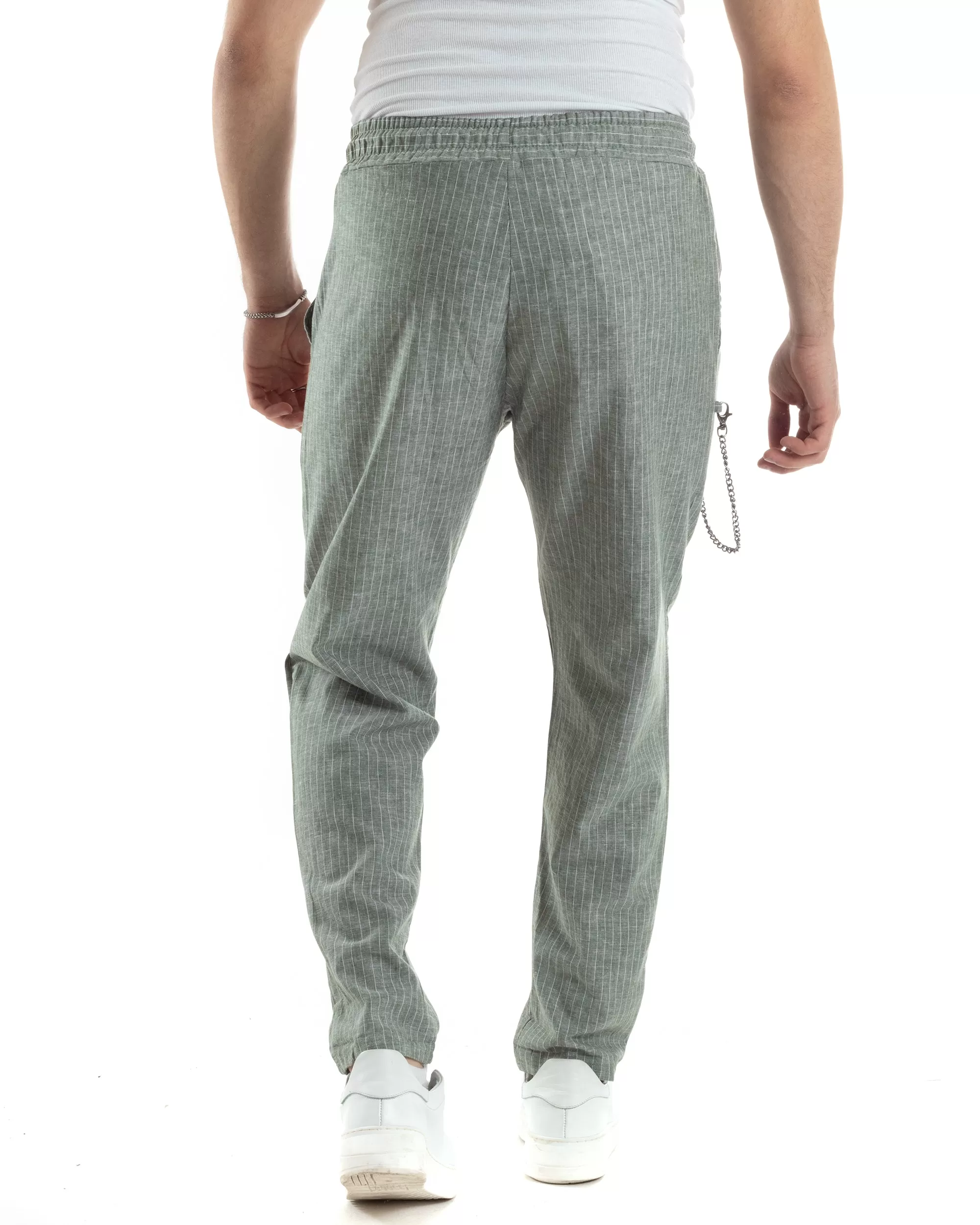 Pantaloni Uomo Pantalaccio Lino Jogger Elastico Sartoriale Casual Rigato Riga Sottile Verde GIOSAL-P6075A