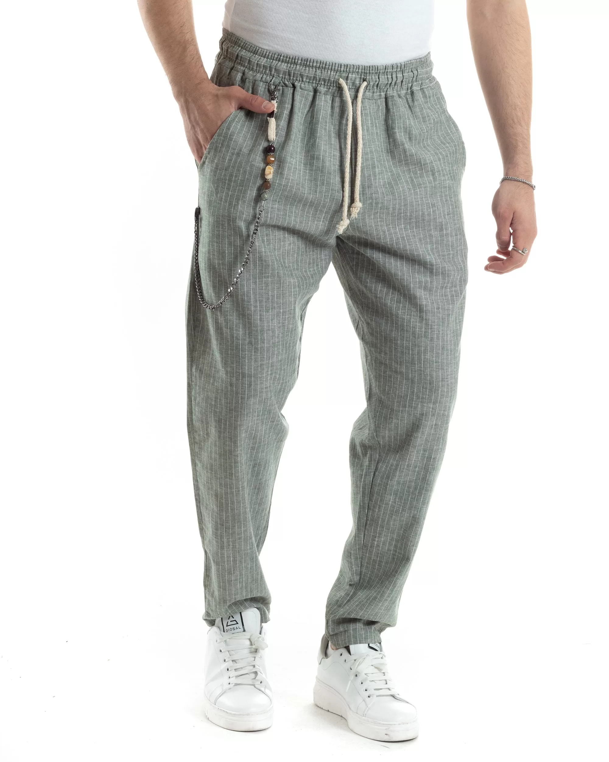 Pantaloni Uomo Pantalaccio Lino Jogger Elastico Sartoriale Casual Rigato Riga Sottile Verde GIOSAL-P6075A