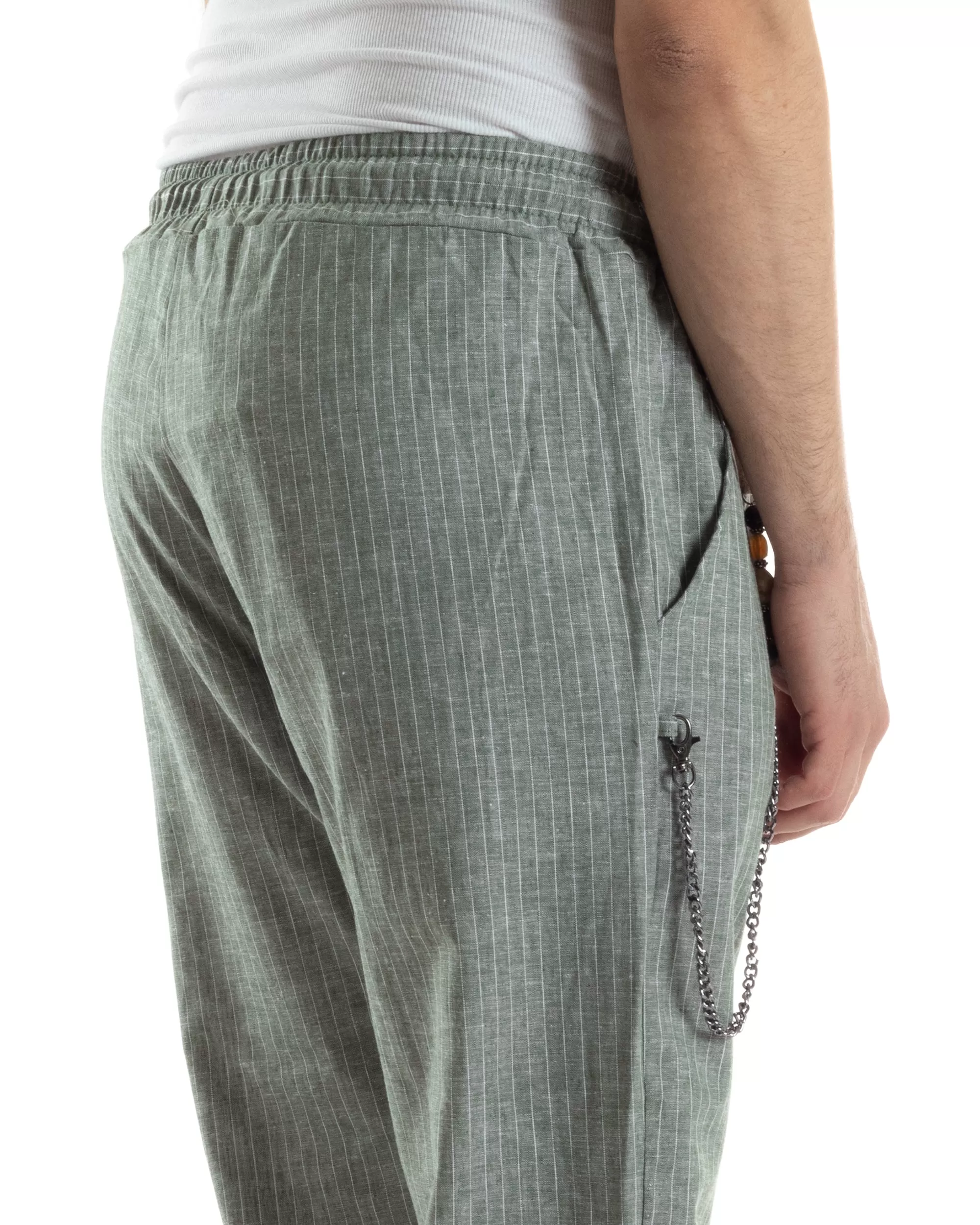 Pantaloni Uomo Pantalaccio Lino Jogger Elastico Sartoriale Casual Rigato Riga Sottile Verde GIOSAL-P6075A