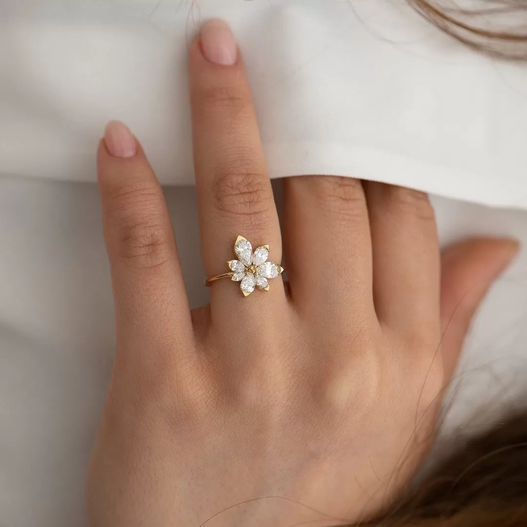 Pear Cut Flower Design Asymmetric Blossom Engagement Ring