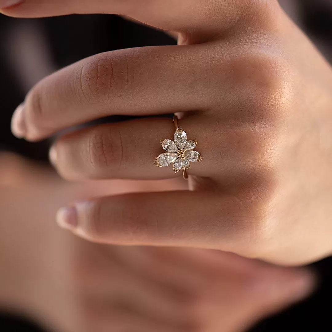 Pear Cut Flower Design Asymmetric Blossom Engagement Ring